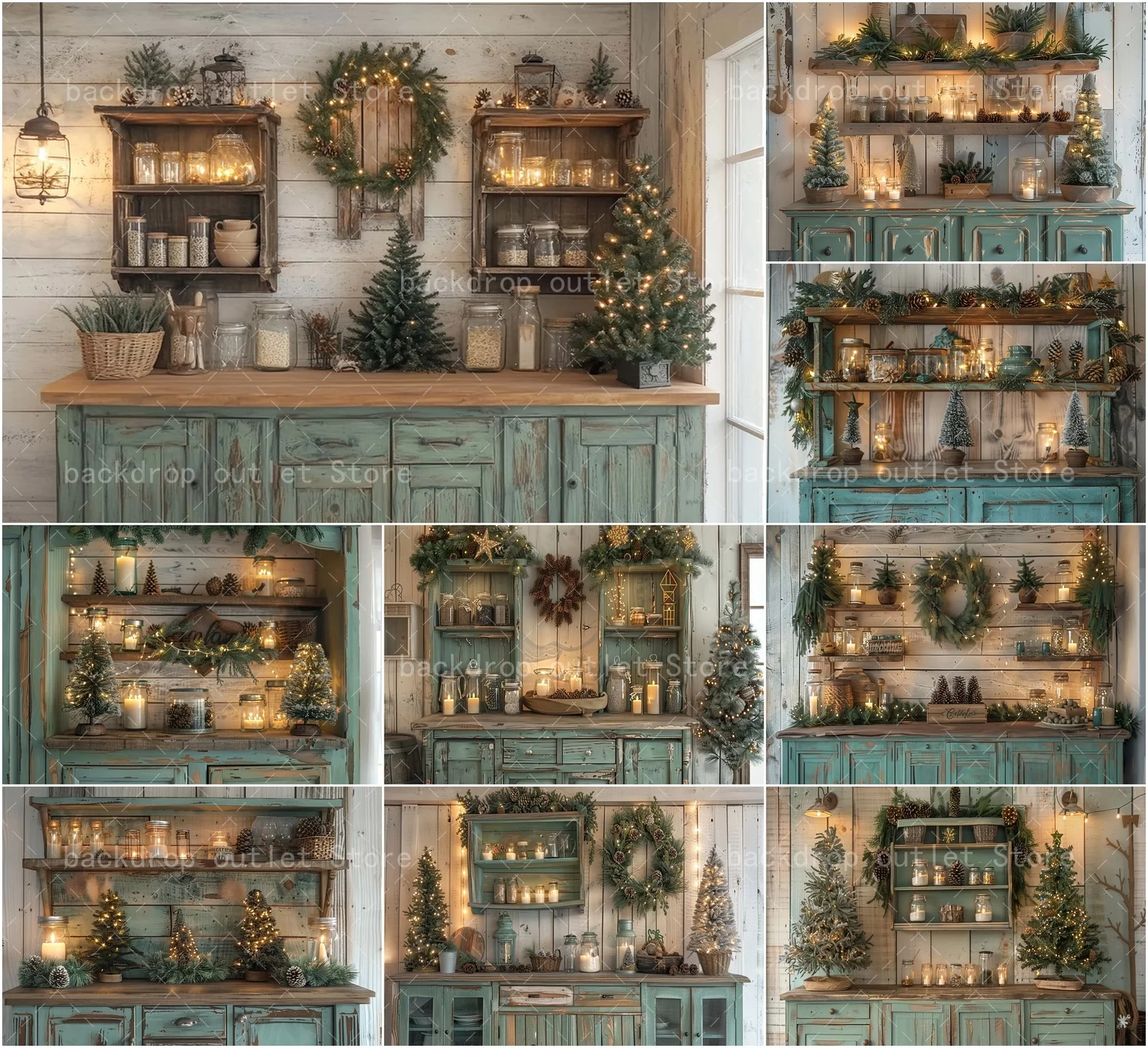 Mehofond Navidad interior cocina fotografía telones de fondo niños adultos gabinete de madera verde árbol de Navidad Photocall fondos