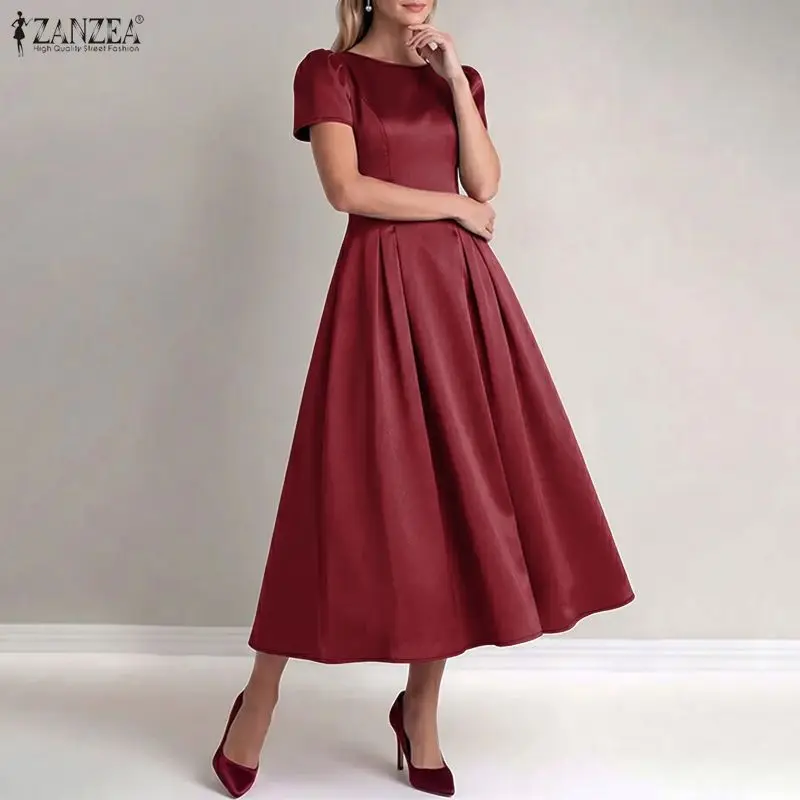 2026 ZANZEA Luxuriöses Abendkleid Stilvolles Elegantes Partykleid Damen Kurzarm A-Linie Satin-Kleid Hohe Taille Einfarbiges Kleid