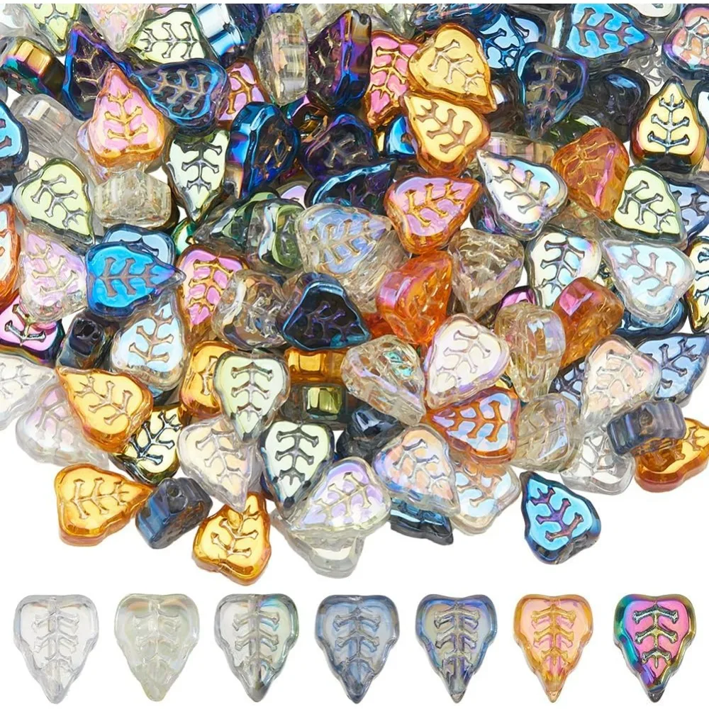

168Pcs 7 Styles Glass Leaf Beads Fall Leaves Beads Bulk Colorful Spacer Strands Electroplate AB Tree Plant Bead for Jewelry