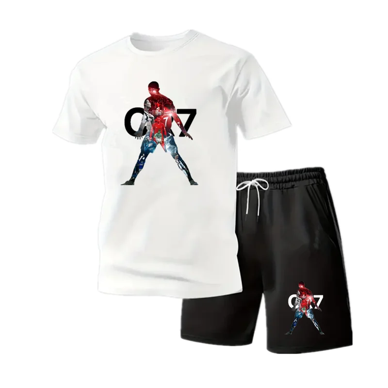 

Summer Men's Set Football CR7 Star Printed T-shirt and Shorts 2-piece Set Top and Bottom Sports Set