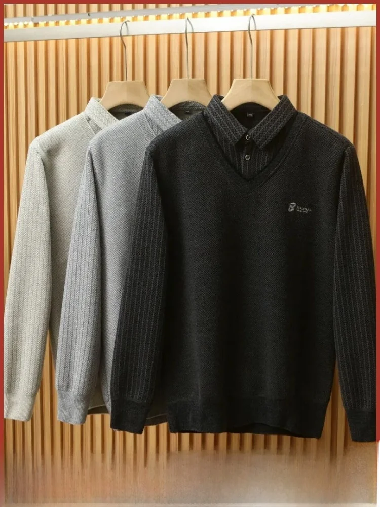 

Итальянский повседневный вязаный свитер, искусственный двухсекционный дизайн, мужской модный теплый всесезонный длинный свитер из полиэфирного волокна...