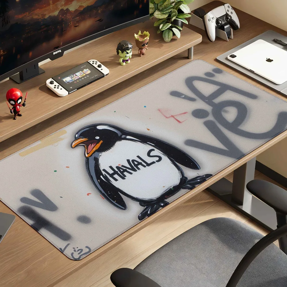 Tapis de souris de bureau style doodle, motif pingouin Whalas, art urbain, en caoutchouc, tapis de bureau, tapis de souris