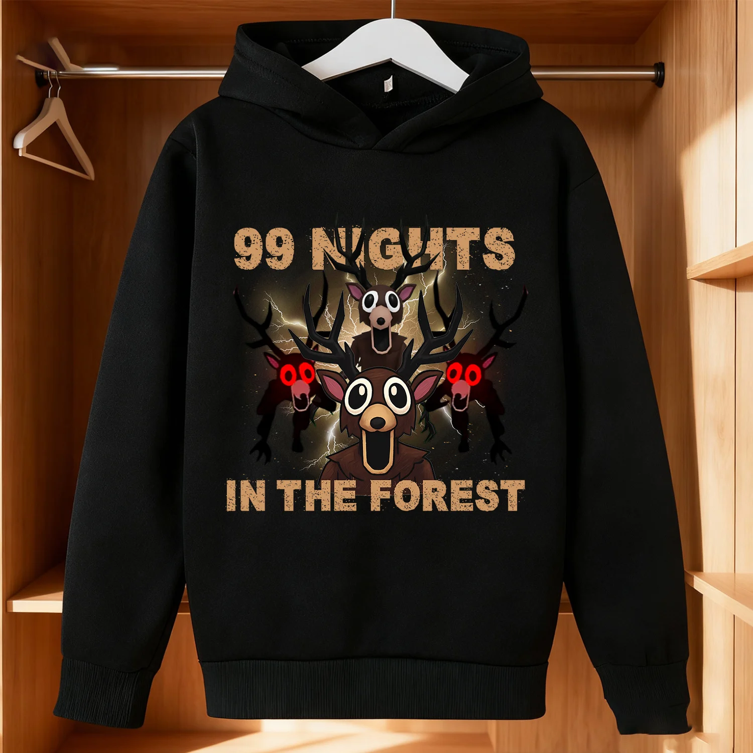 99er Nacht im Wald Fleece Hoodie Kinder Spiel Cartoon Kleidung Jungen Mädchen Schwarz Hoody Kleidung Kinder Dickes Sweatshirt Geschenk