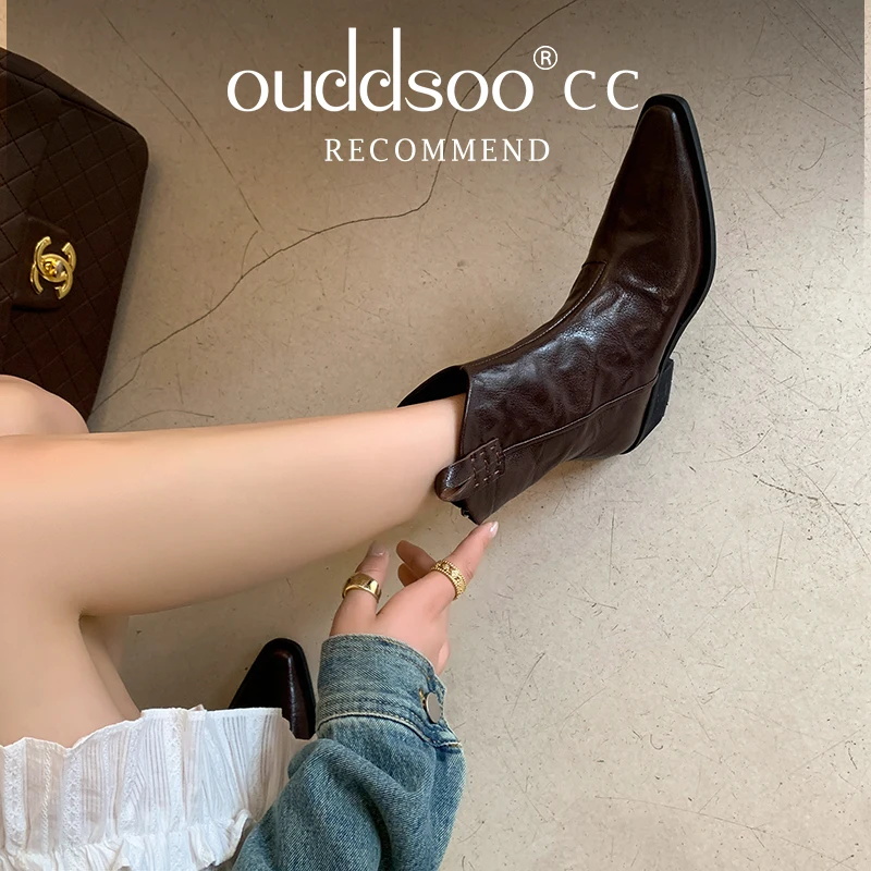 

ODS Chelsea Boots Women Natural Genuine Leather Flat Platform Mid Calf Boots Round Toe Ladies Shoes Autumn Winter Black Cool