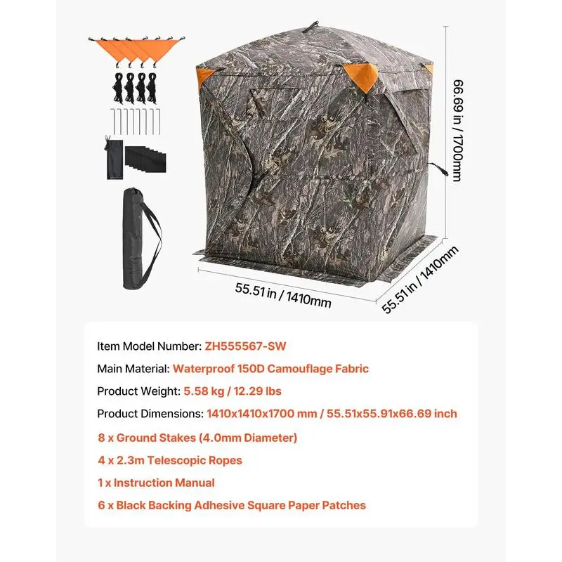 Ground Hunting Tent 60x60x66 Inches For Deer Hunting Turkey Season Archery, 270 Degree One Way Mirror Vision 3 Horizontal Windows Resilient Fabric Portable Carrying Bag Pop Up Design 1-2 Person Capacity 300D Oxford Cloth Outdoor Concealment Gear view 8