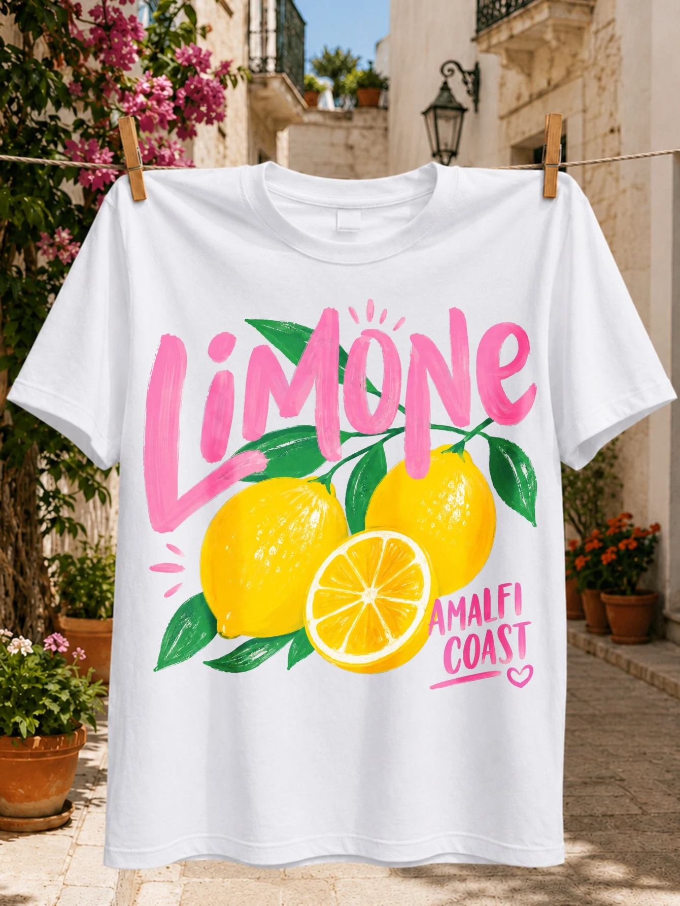 Limone Amalfi Coast TextTwo Whole Lemons One Citrus Slice and Broad Green Leaves Painted  Unisex All T-Shirt
