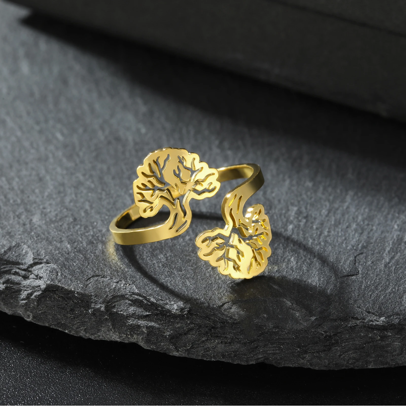 CoolTime Vintage Goldfarbene Damenringe Doppelter Lebensbaum Offener Ring Edelstahl Ausgehöhlter Spiritueller Schmuck Geschenk – Detail 7