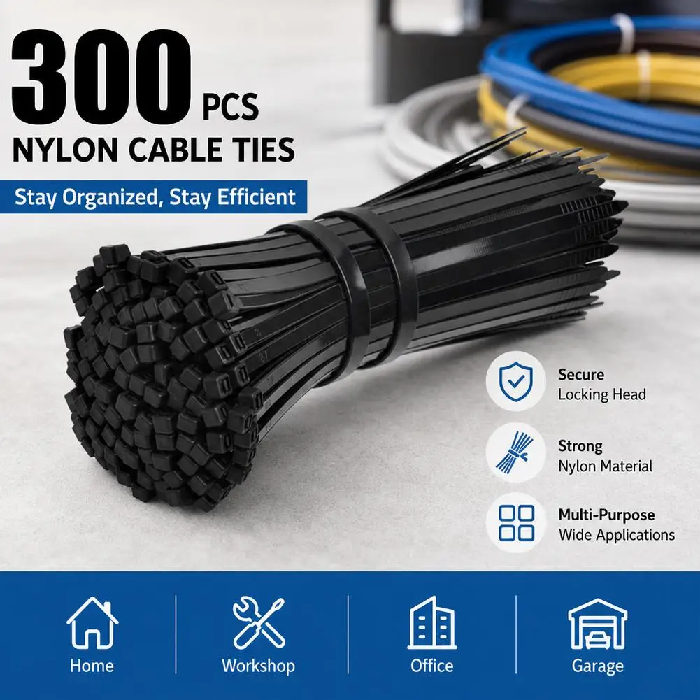 300/600 Pcs Nylon Cable Ties Heavy Duty Black White Plastic Wire Zip Ties Self-Locking Fastener Straps for Home Office Wiring