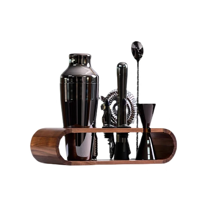 

French Jazz Black Mixer Set Wooden Stand Bar Tools Snow Bottle Stainless Steel Snow Cup 304