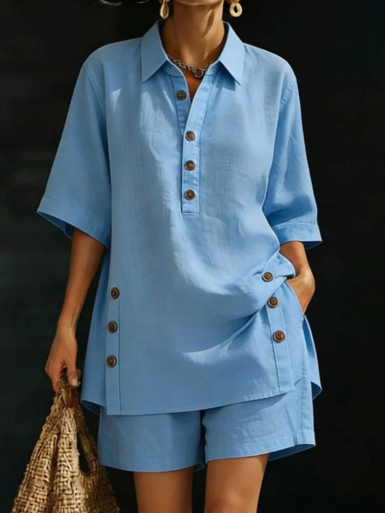 

Women's Solid Color Two Piece Set Half Button Collared Shirt Elastic Waist Shorts Suit Casual Summer Vacation Loungewear Outfit