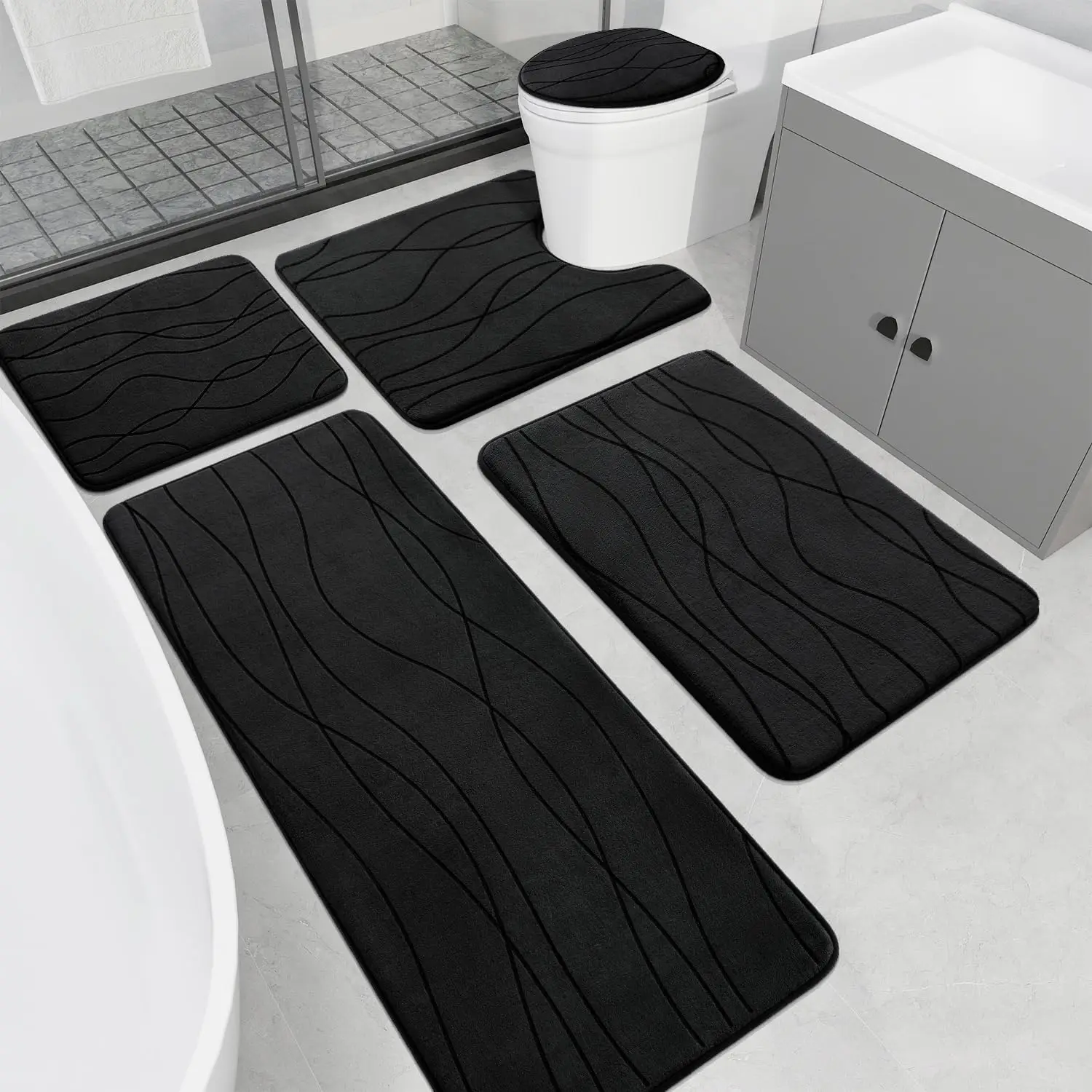 

Memory Foam Bathroom Rug Set 5-Piece, Ultra Absorbent Non-Slip Mat Machine Washable Quick Dry Black