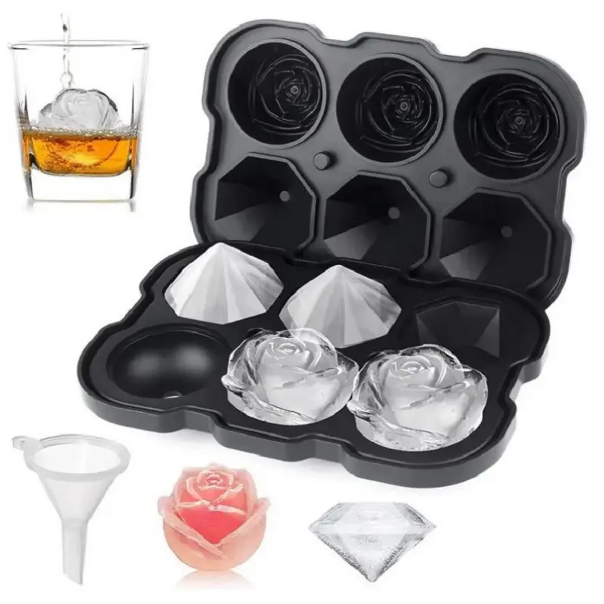 6-Grid Silicone Ice Tray with Lid Diamond & Rose Shape Whiskey Ice Cube Maker Large Ice Ball Mold for Beverage Making