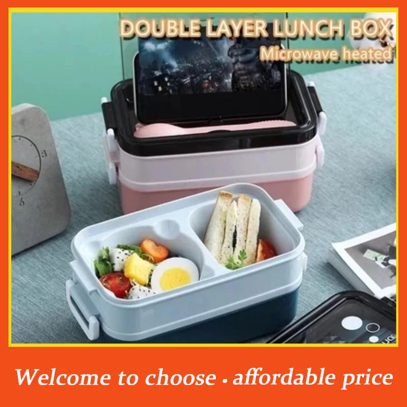 #Japanese Rectangle Double Layers Bento Box Leakproof Lunch Boxes Sealed Multi-Compartment Box Lunchbox With Tableware