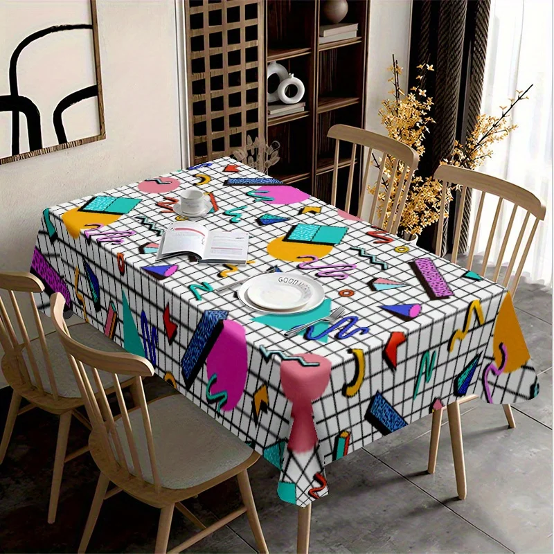 1pc Retro 80s 90s Pop Art Tablecloth - Turquoise, Pink, Yellow, Black & White Multicolor 80s Theme Table Cover with Cassette Tap