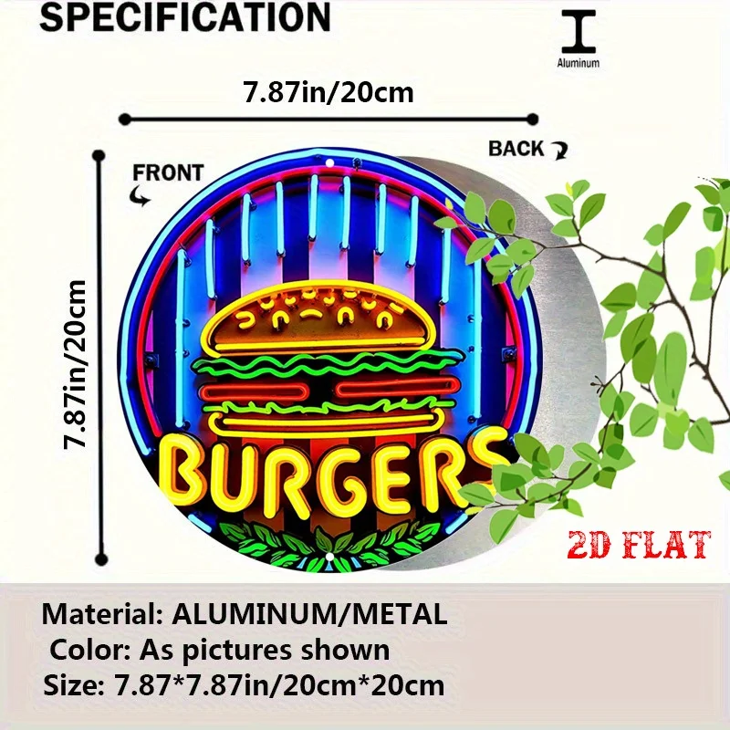 2D Flat - 1pc of Retro Round Aluminum Sign in 2D Flat Design, Featuring Fast Food Theme. This Neon Glow Sign Measures 19.81 cm b