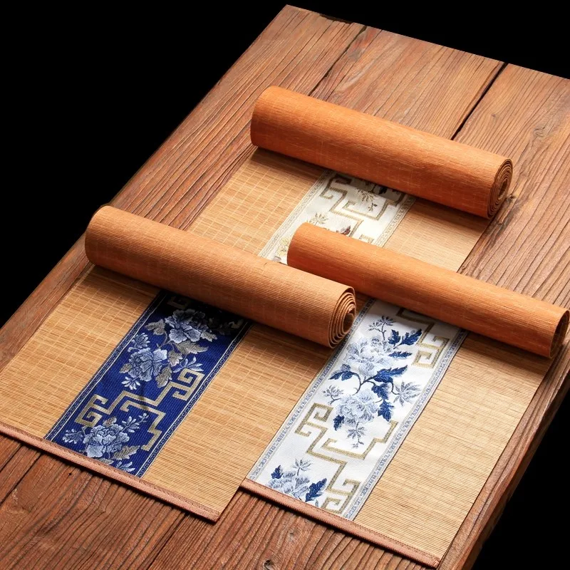 Handmade Chinese Zen Tea Mat - Embroidered Bamboo Tea Tray Mat with Jacquard Cotton Linen, Traditional Tea Ceremony Table Runner