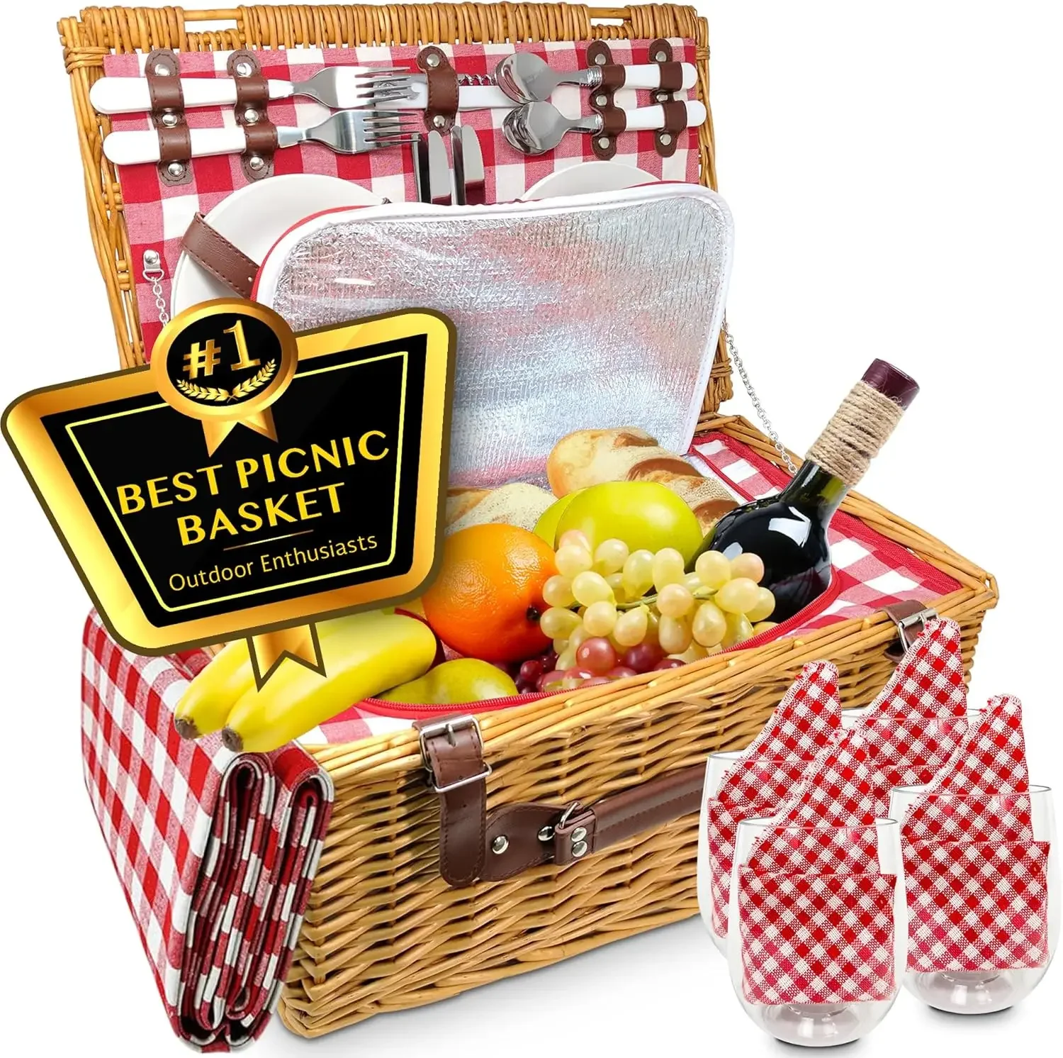 

Picnic Basket, Wicker Basket with Handle for Outdoors, Insulated Woven Basket, Includes a Service Kit of Dinnerware