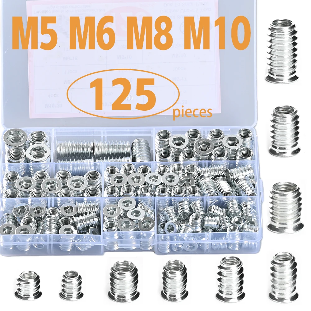 

125Pcs M5 M6 M8 M10 Iron Bridge White Zinc Plated Countersunk Nuts Set Hex Wrench Head Thread Insert Parts for Home Improvement
