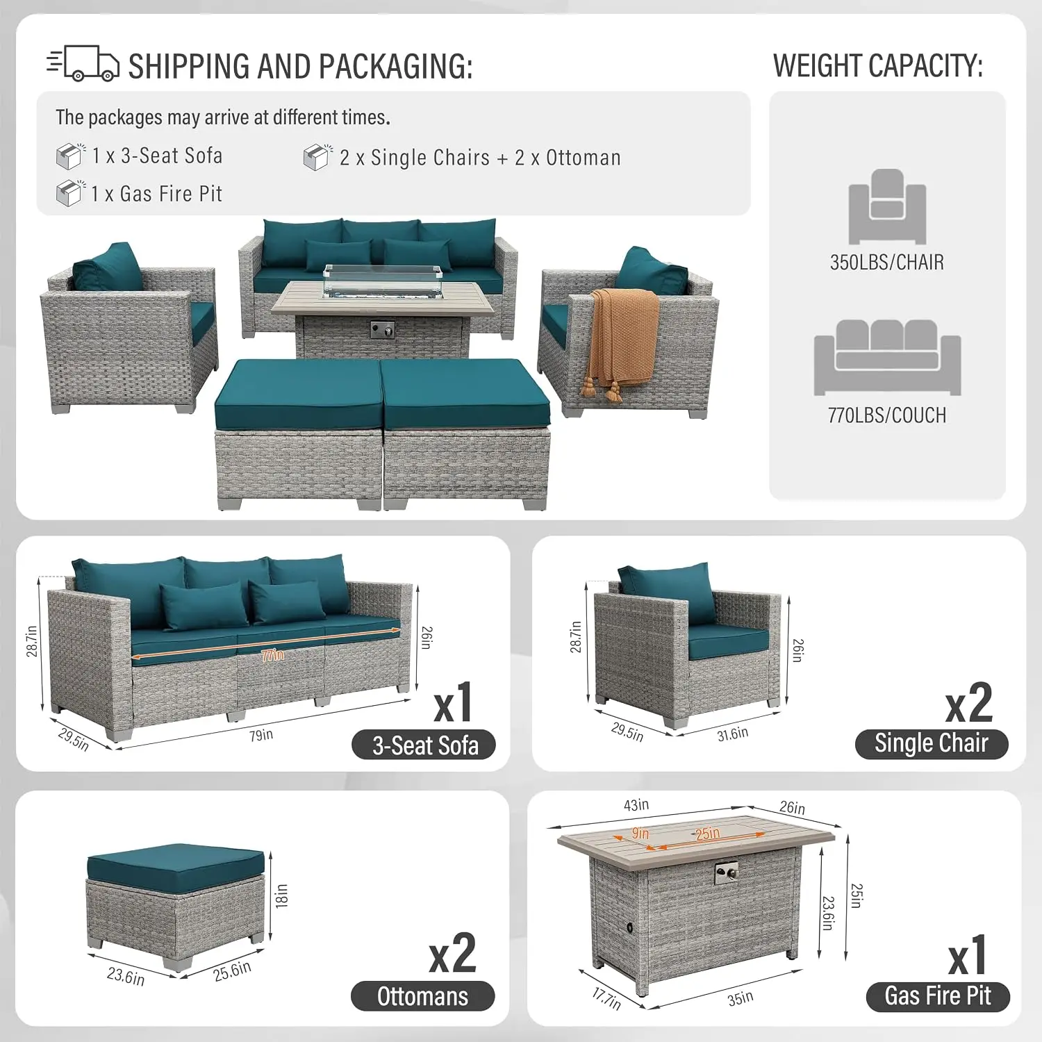 PE Rattan Outdoor Sectional Sofa Set with Fire Pit Table & Blue Cushions, Patio Garden Furniture, 6 Piece, Customized