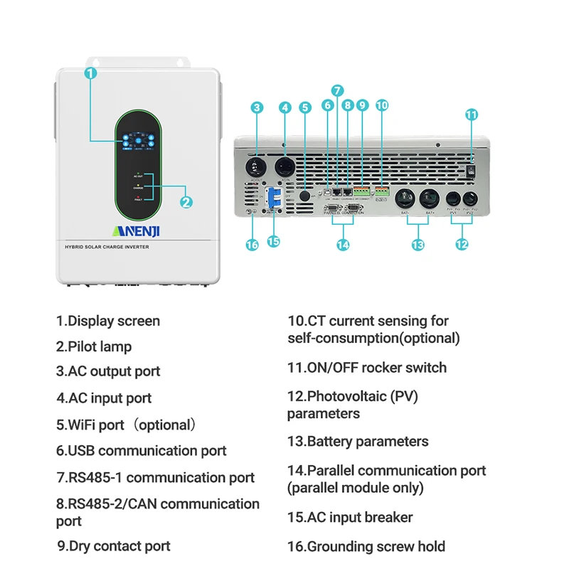 Inversor Solar híbrido de fase dividida, 12KW, 48V, 120V, 240VAC, onda sinusoidal pura en la red, MPPT, 200A, cargador Solar PV 500VDC con CT
