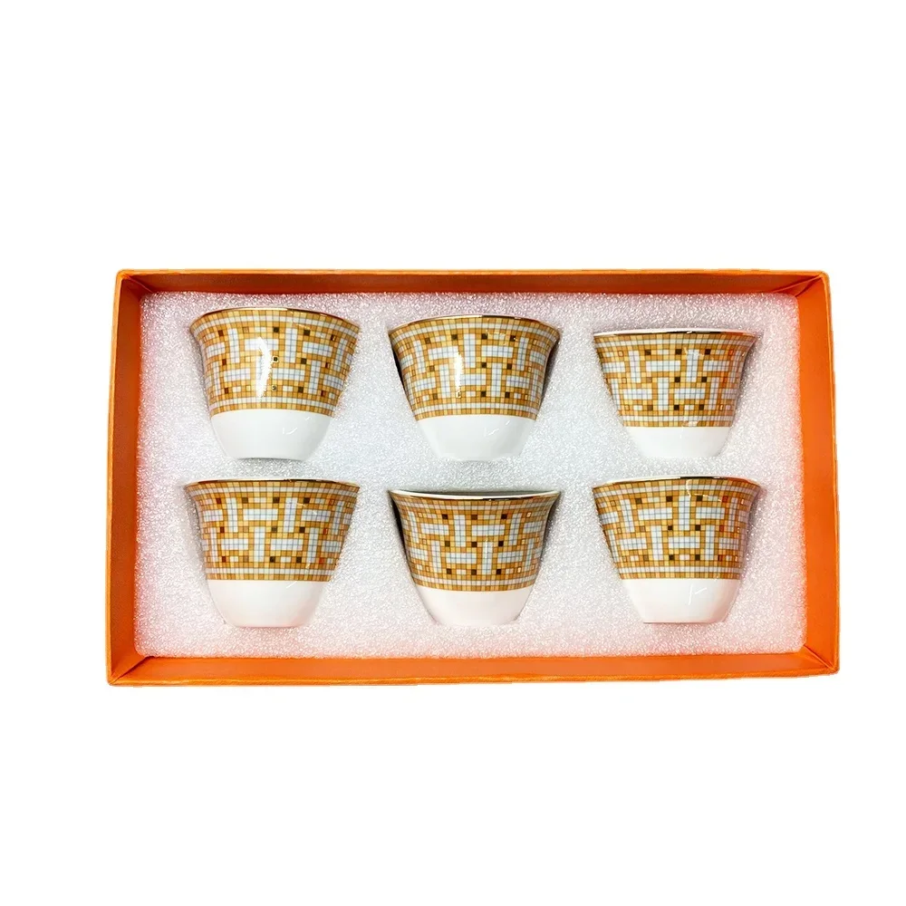 

6PCS/Set Luxury Gold Porcelain Tea Cups Bone China Espresso Coffee Cup Set In Orange Box Drinkware Wedding Birthday Housewarming