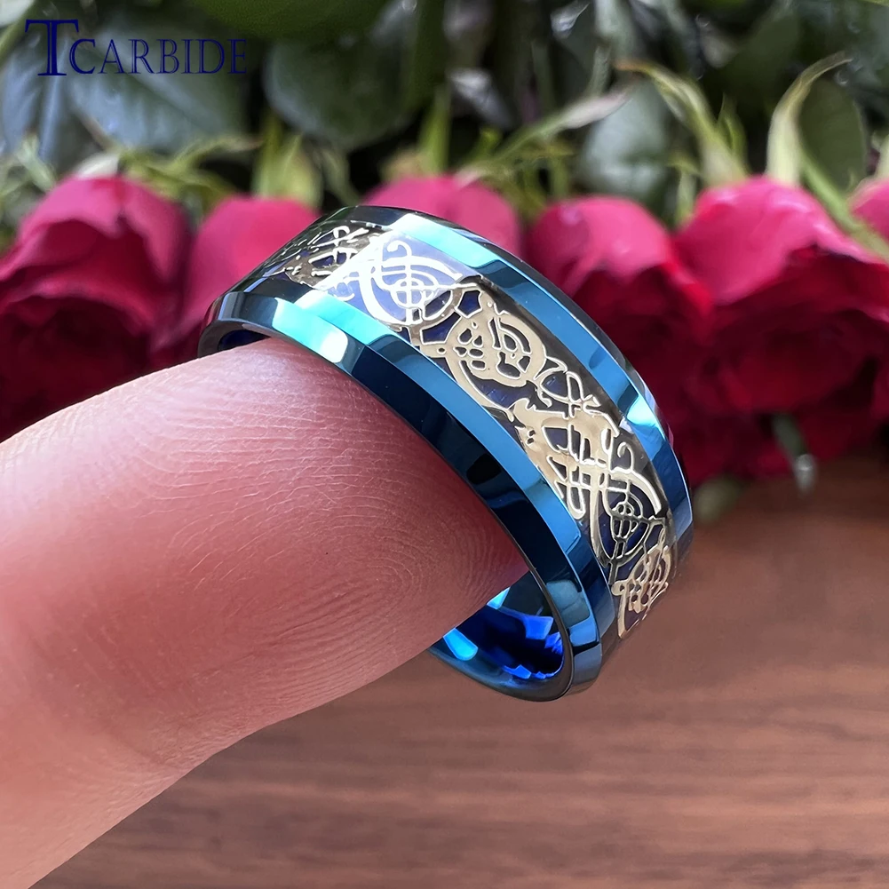 Dropshipping 8MM Dragon Ring Blue Tungsten Wedding Band For Men Women Beveled Polished Comfort Fit