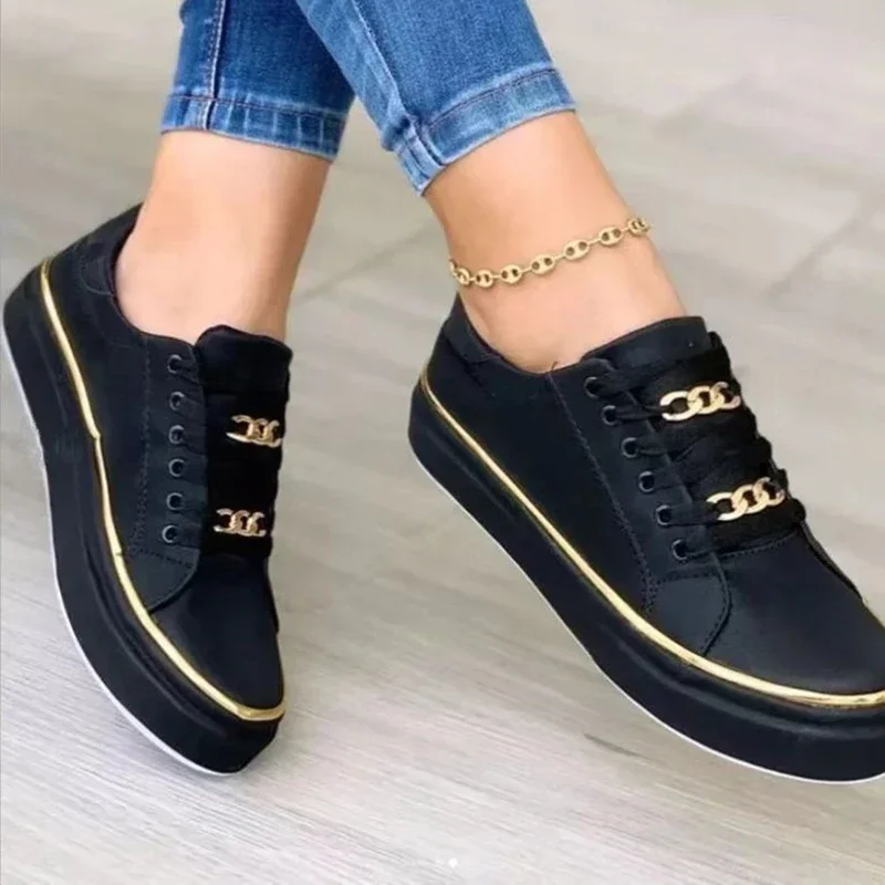 Women's Sneakers 2024 New Fashion Chain Leather Comfortable Round Toe Platform Sneakers Lace-up Walking Women's Vulcanized Shoes