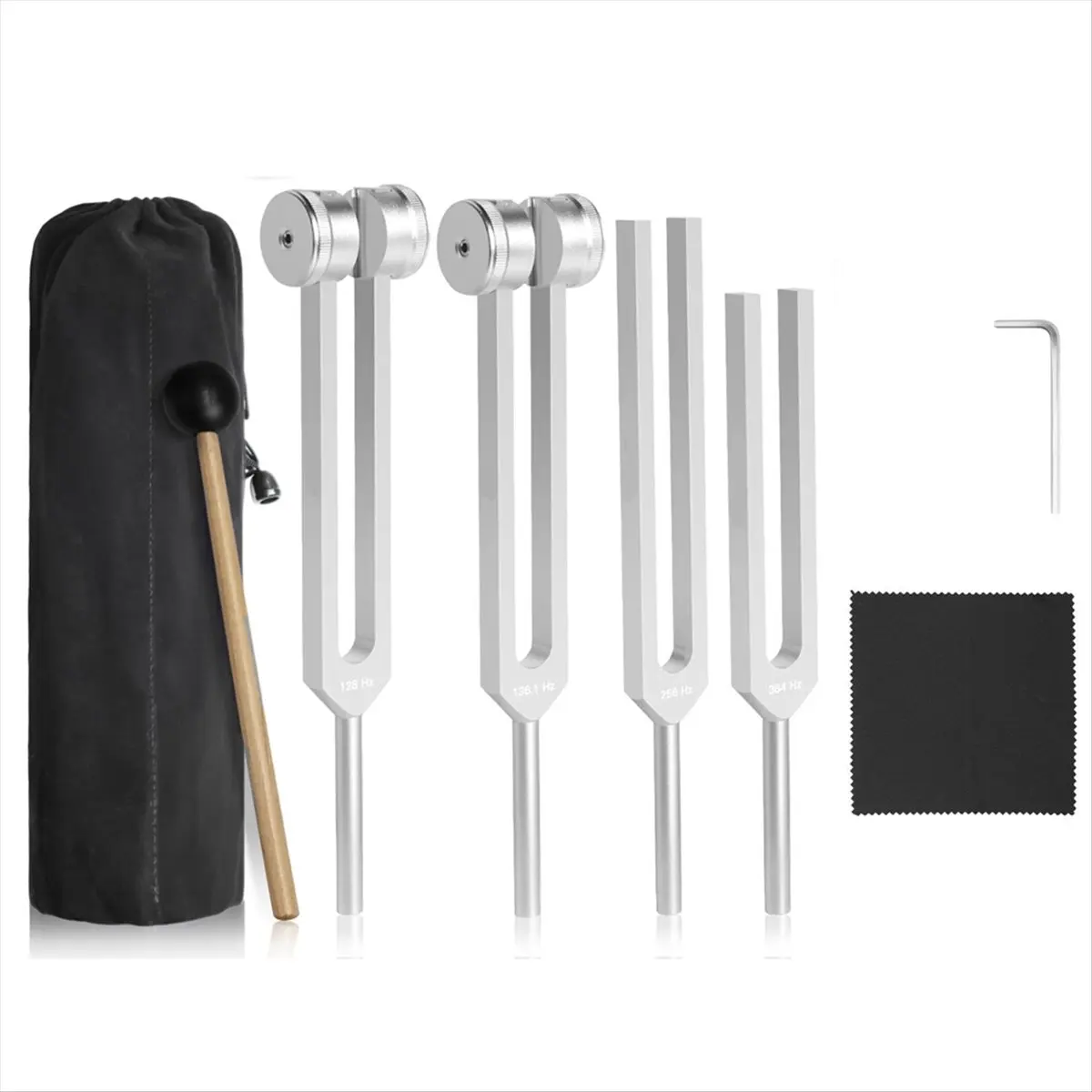 T34C Tuning Forks for Healing Set (128Hz, 136.1Hz, 256Hz, 384Hz) with Reflex Hammer ,Chakra Sound Therapy Instruments