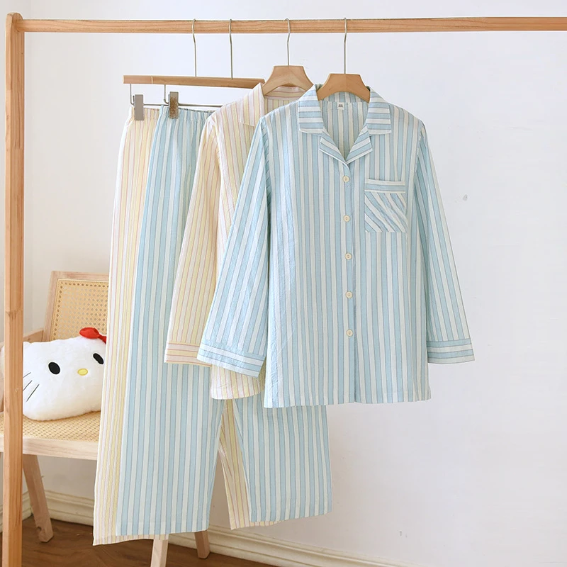 

Женские полосатые хлопковые пижамы, брючный костюм с длинными рукавами, тонкий свободный кардиган, одежда для дома, весенняя одежда для сна с отложным воротником, 2 шт.