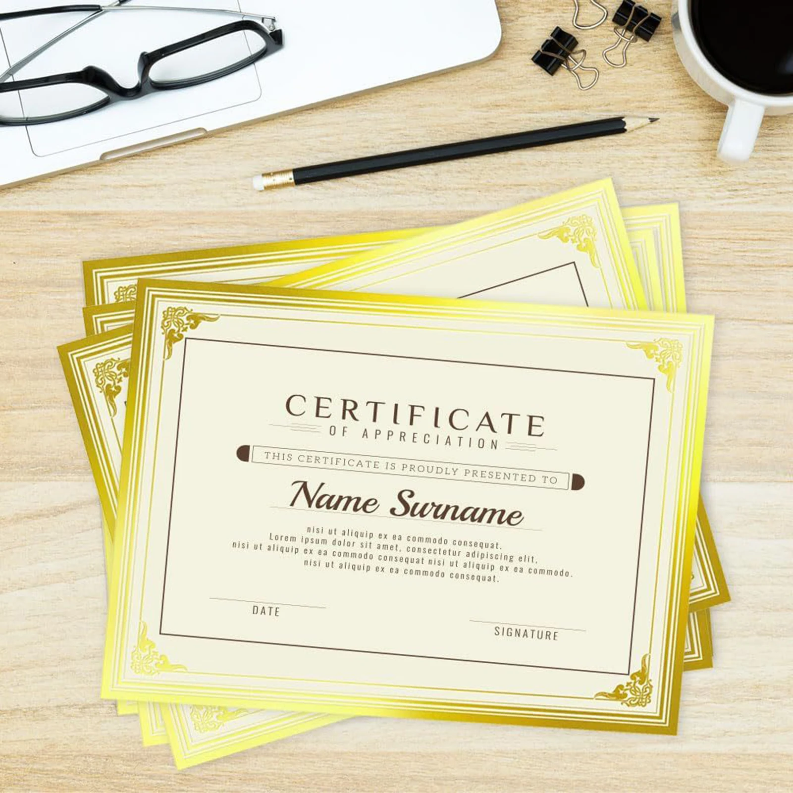 

Premium Blank Certificate Paper A4 Size Gold Foil Border Smooth Writing Anti Bleed for Diploma Award Certificates Office Use