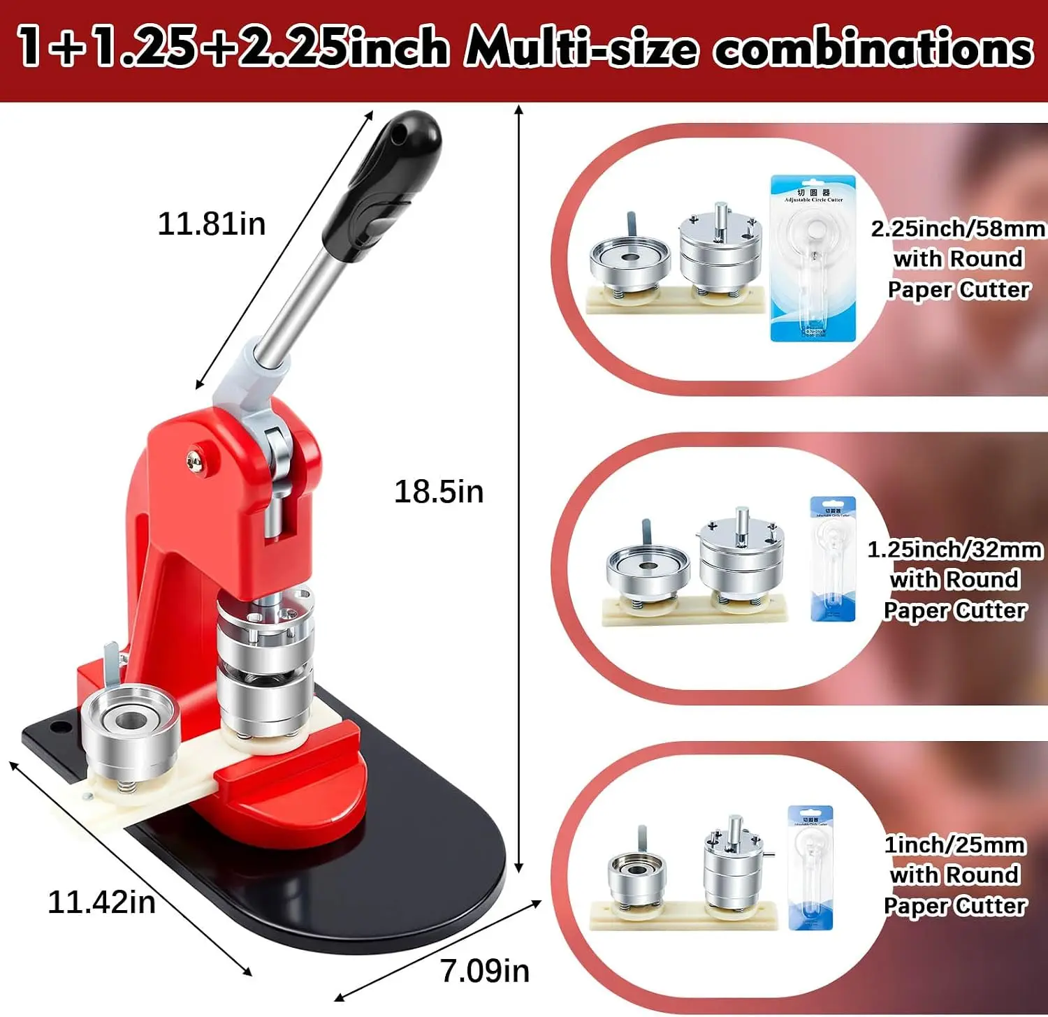 1 Inch+1.25 Inch+2.25 Inch Button Maker Machine Multiple Sizes Pin Maker Interchangeable Button Models Badge Metal Press Machine with 300 Sets Supplies &Circle Cutter&Cutting Mat