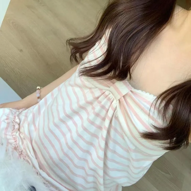 اليابانية الرجعية الوردي شريط طباعة الرسن سترة المرأة مثير فراشة الرقبة الدبابات الأعلى Kawaii الحلو بروتيل الصيف الإناث هوتي الأعلى #4