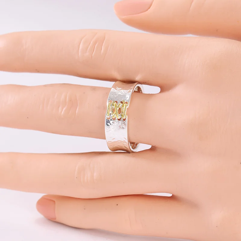 Simple Two Tone Stitched Cross Wide Face Ring Exquisite Metal Texture Silver Plated Ring Fashionable Women's Jewelry Accessory