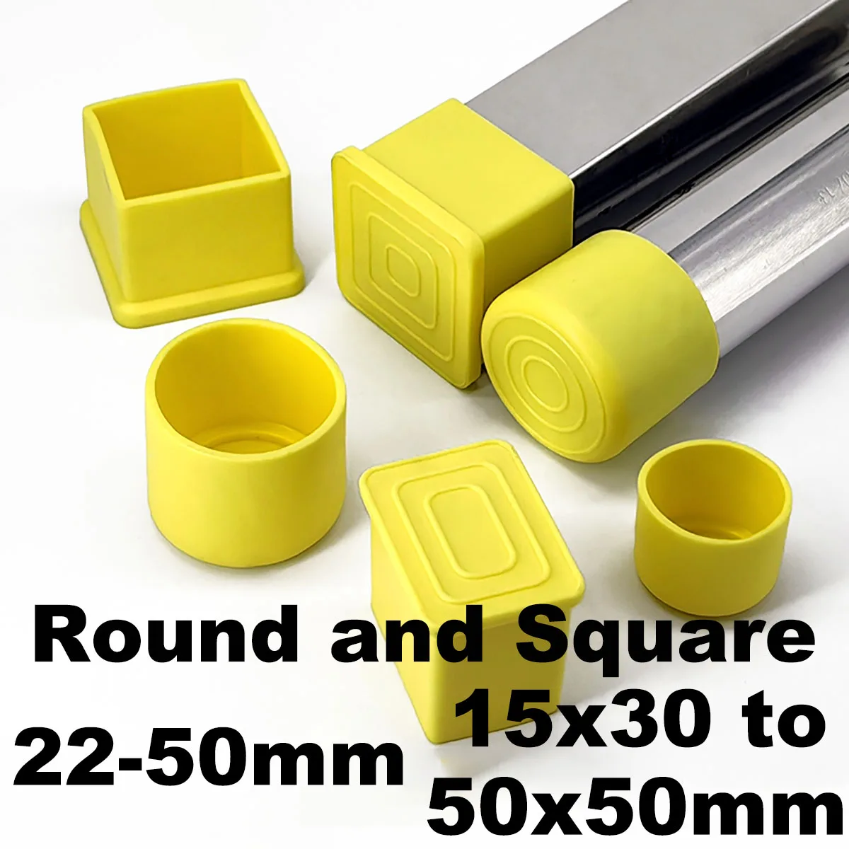4Pcs Yellow Square Round PVC Soft Rubber Pipe Sleeve Tube Cap Table Chair Foot Non-slip Pad Protective Cover 22/25/28/30/32/40mm