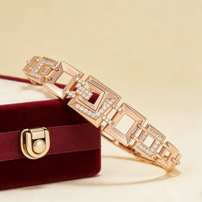Kinel Hot 585 Roségoldfarbenes Armband mit natürlichem Zirkon und quadratischen Accessoires für Damen, luxuriöser ethnischer Brautschmuck für den Alltag