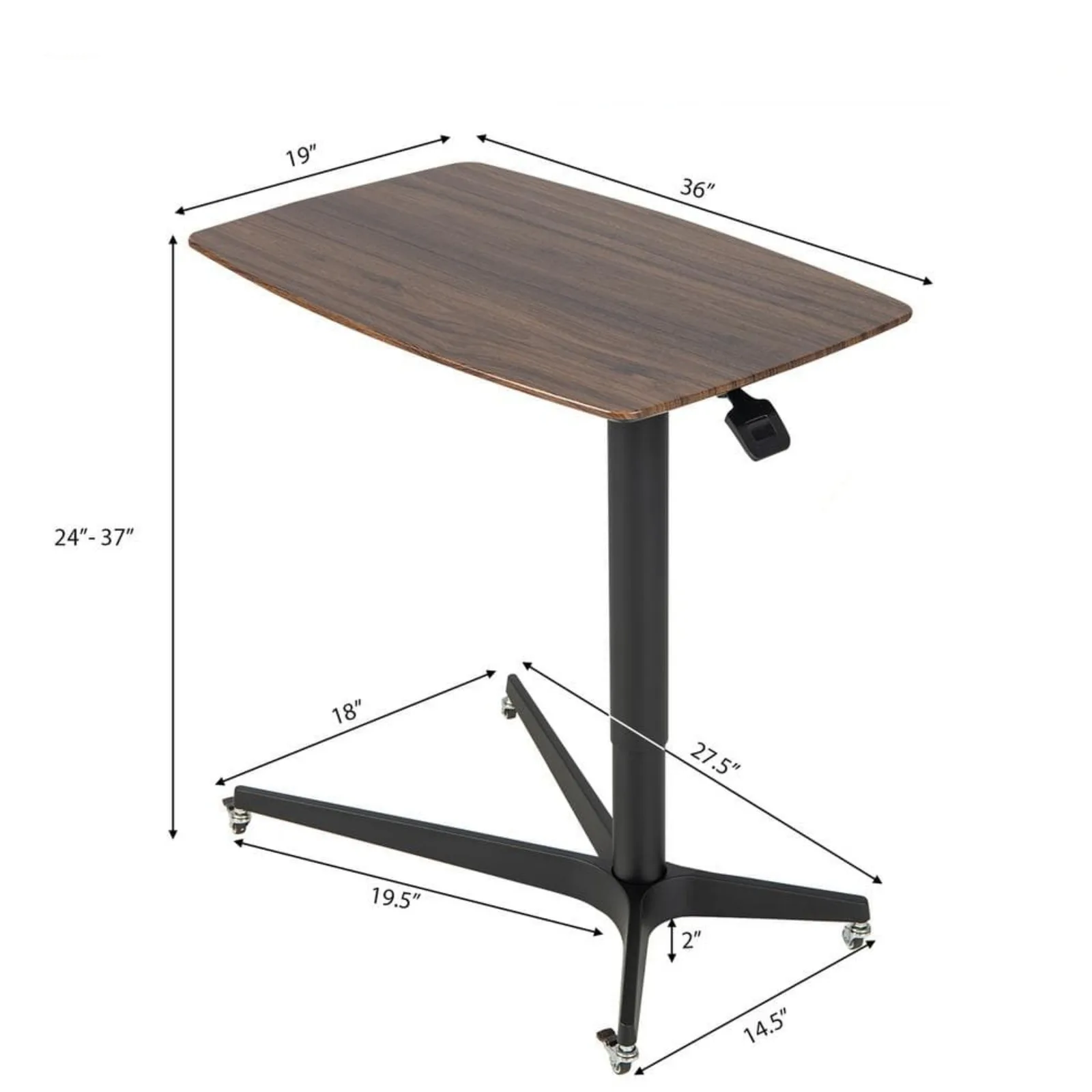 US 36 in. Mobile Standing Desk Pneumatic Adjustable Overbed Table Rolling Laptop Cart