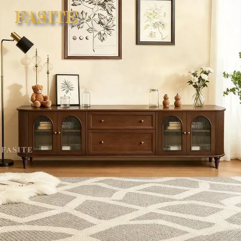 Medieval Style Solid Wood TV Cabinet Storage Locker Integrated Living Room Home Light Luxury High Sense