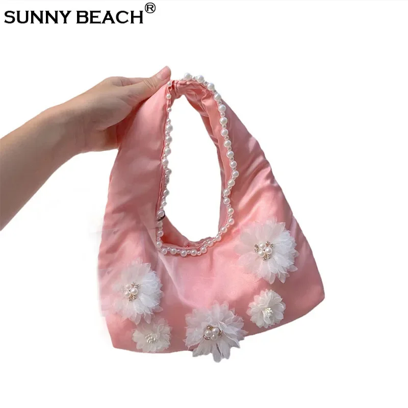 

Fashion Pearls Beading Satin Shoulder Bag Women Tote Wedding Bridal Purse Silk Handbag