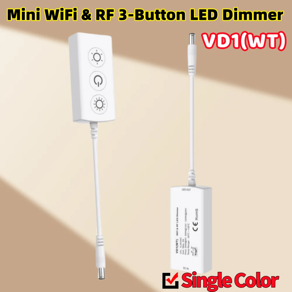 

Новый мини-Wi-Fi и RF 3-кнопочный светодиодный диммер VD1(WT) Беспроводной 1-канальный 5A CV светодиодный контроллер яркости для одноцветной светодиодной ленты 5M