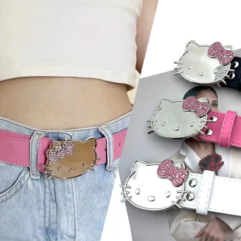 Sanrio Hello Kitty HEAD สีชมพู rhinestone หัวใจสาว Y2K เข็มขัดการ์ตูนเข็มขัดเสื้อผ้าสาวเย็น