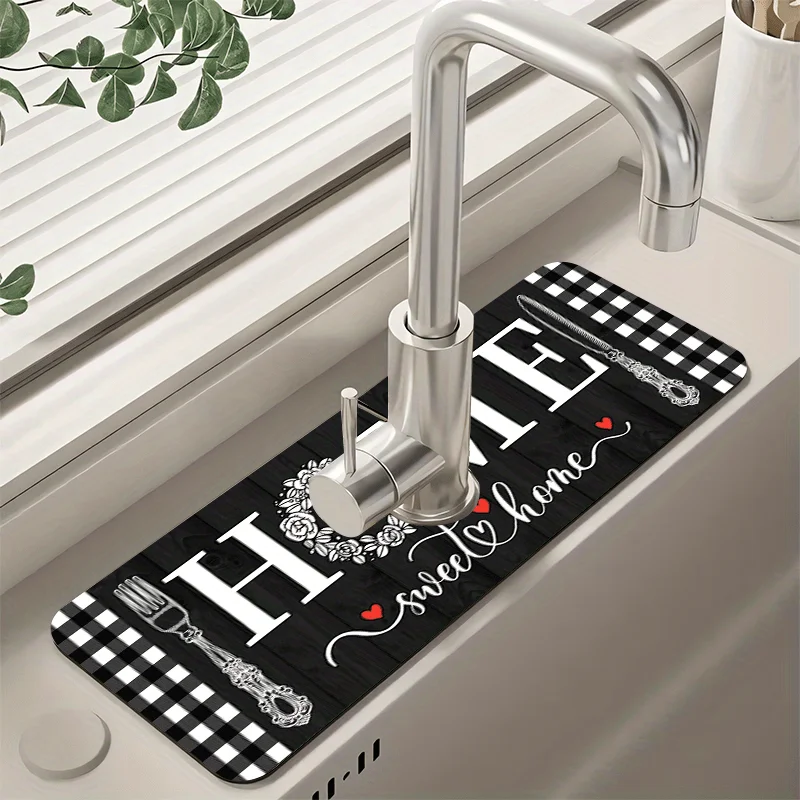 VIKAMA Retro Wood Grain Check Faucet Drying Mat Waterproof Quick Dry Sink Tap Edge Kitchen Counter Protection Pad