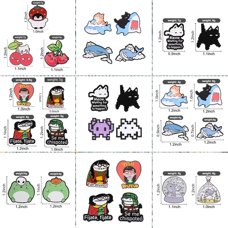 2-3pcs/set Comedy TV Flork Figure Retro Pixel Game Cat Enamel Pins Cute Fruit Cat Shark Whale Bee Frog Brooch Bags Badge Jewelry
