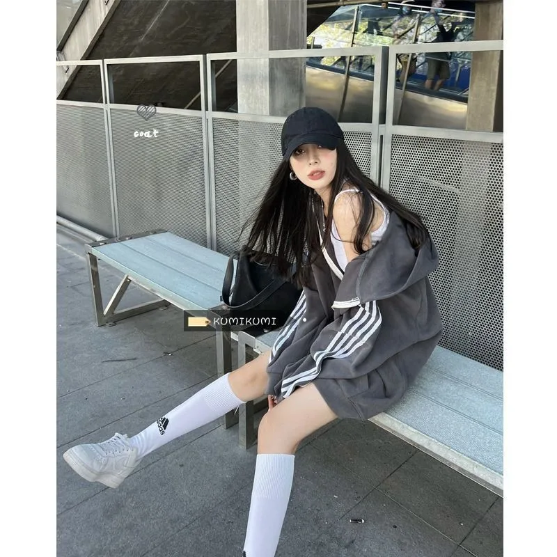 Cotton New Spring and Autumn Korean Version Loose Slimming Lazy Style Striped Cardigan Mid Long Sleeved Hooded Sweatshirt