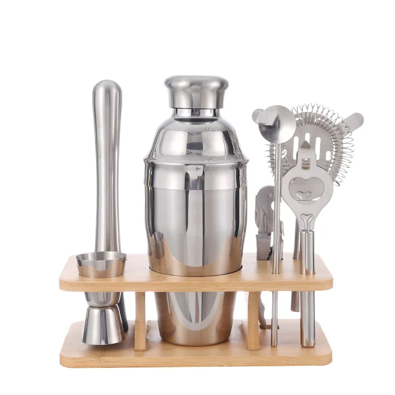 Cross-border explosion, bamboo frame bartending set, stainless steel mushroom head shaker, cocktail bar tools