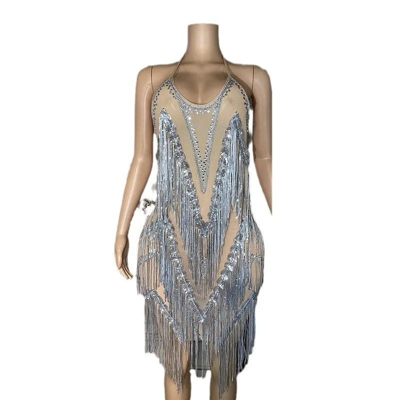 เพชรพู่ Elegant Lady ขนาดกลาง-ยาวเซ็กซี่โปร่งใสเพชรเต้นรําชุดกระโปรงชุดราตรีสตรีสําหรับกิจกรรม Vestito