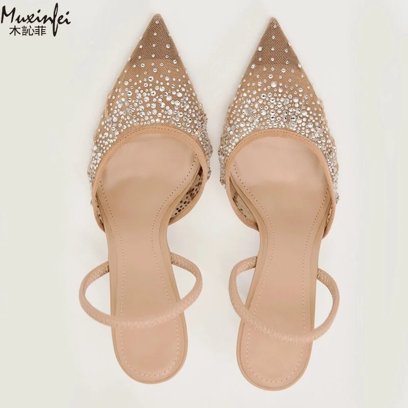 Frühlings-Damenschuhe, Aprikosenfarbene Mesh-Sandalen mit freiliegenden Absätzen, MÜLler-Schuhe, High Heels, Strass-Sandalen – Detail 7