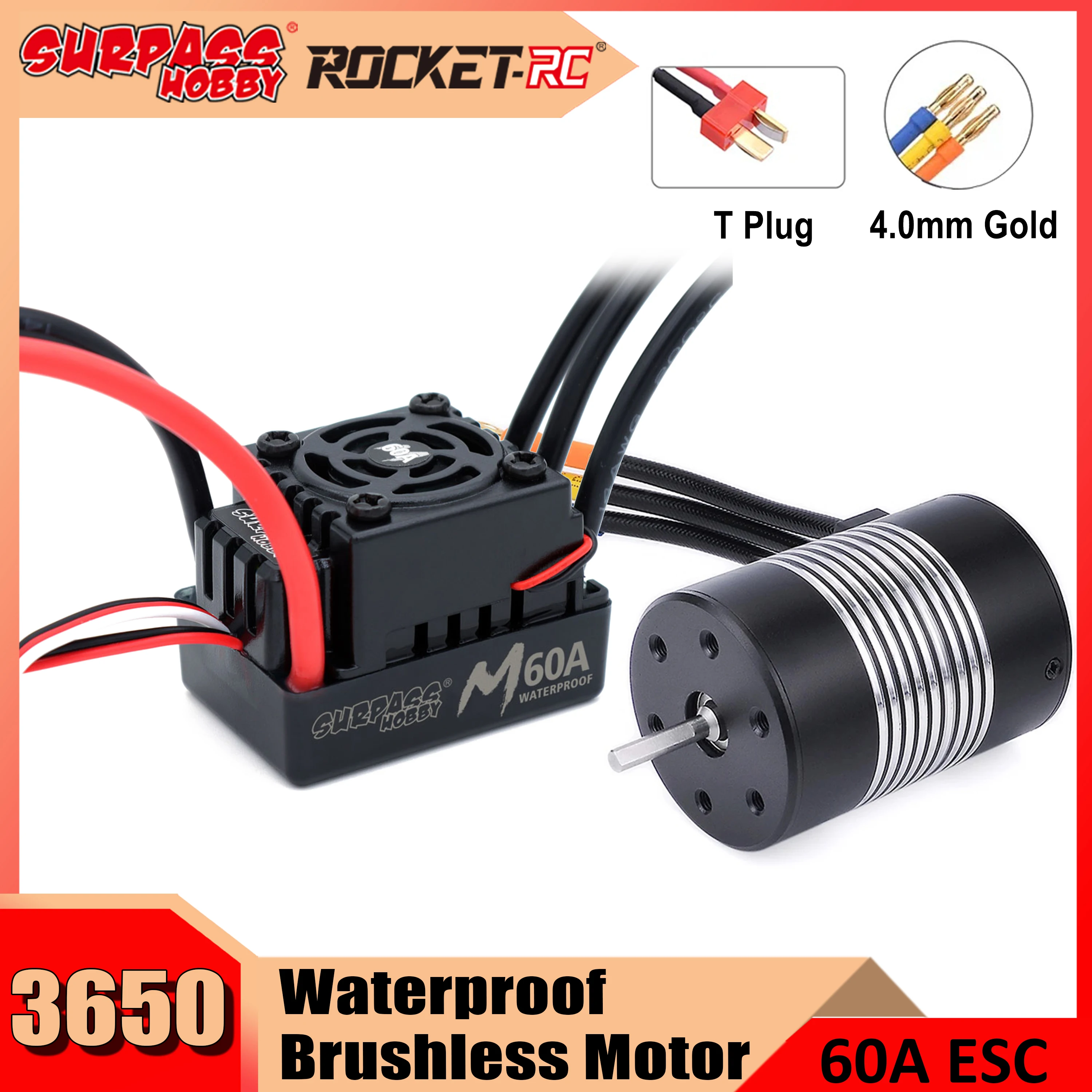 

Surpass Hobby Rocket 3650 Waterproof Brushless Motor M 60A ESC Electronic Speed Control Combo for 1/10 RC Car Boat Accessories