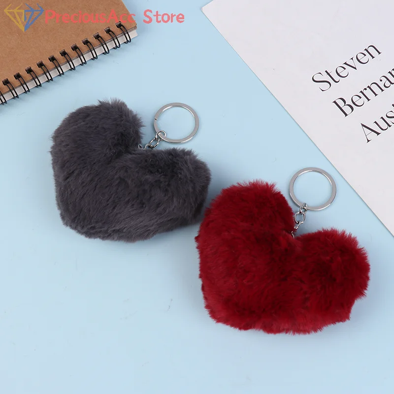 Cute Fluffy Pompom Keychain Gifts For Women Soft Candy Colors Heart Shape Pompon Fake Rabbit Key Chain Ball Car Bag Accessories