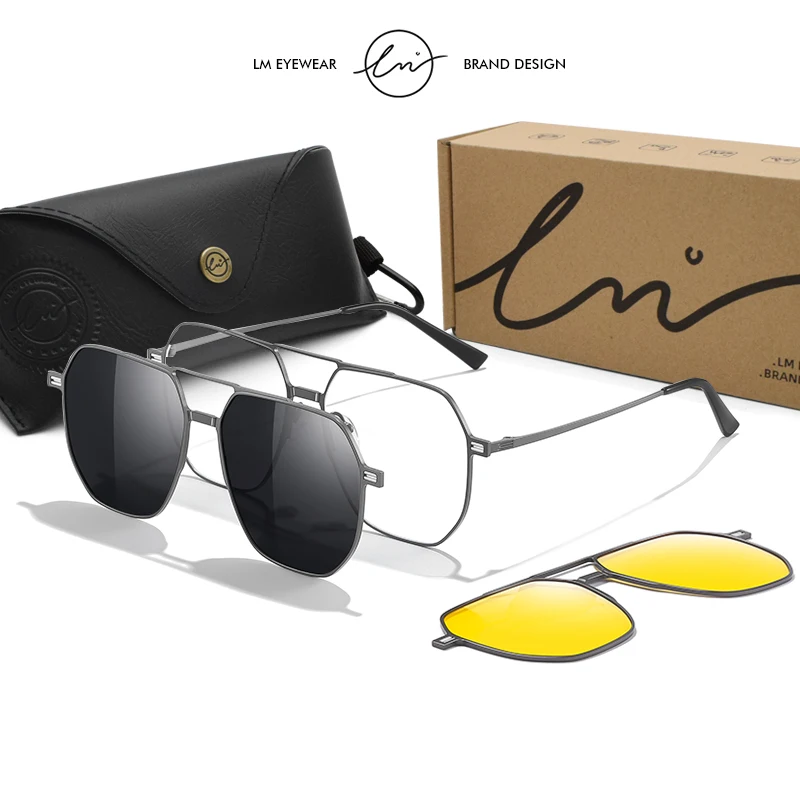LM High Quality Metal Frame 3 in 1 Magnet Clip Eyewear Classic Polarized Sunglasses Man Anti Blue Light Glasses Woman Unisex