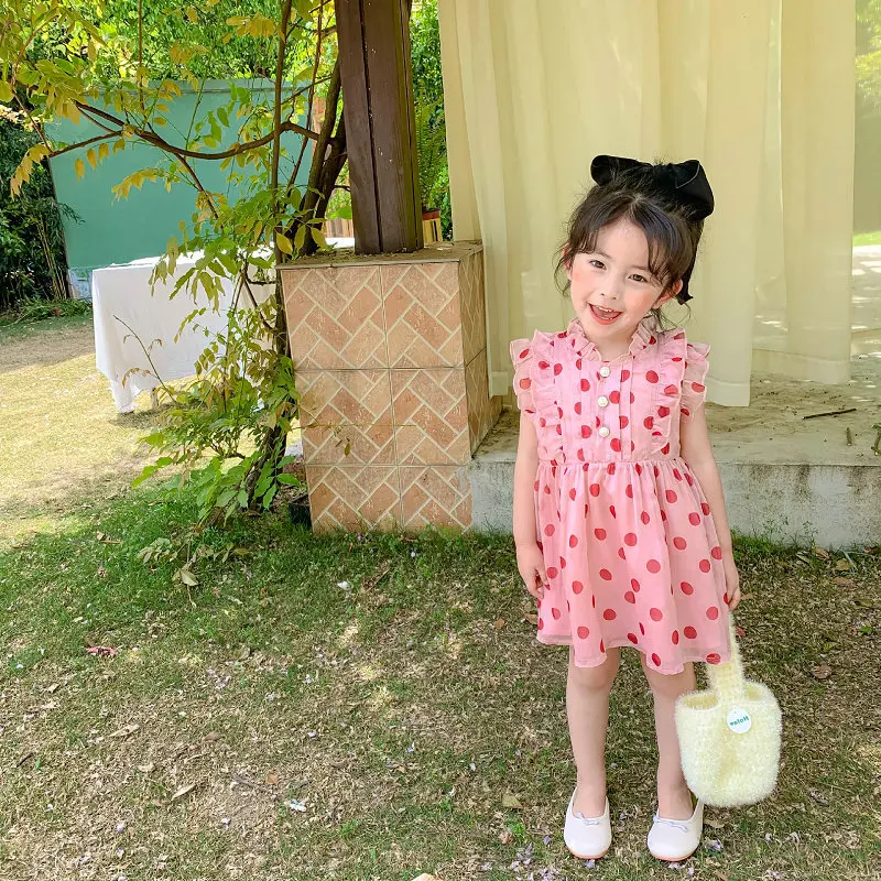 Girls' Polka Dot Elegant Sleeveless Dress Princess Dress25Summer New Foreign Trade Children's Wear Delivery3-8Years Old